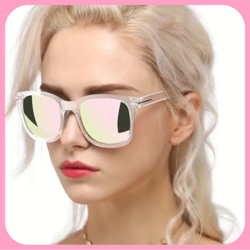BRIGHT PINK MIRROR SUNGLASSES WITH CLEAR FRAMES AND PINK LEGS-NEW - Picture 2 of 6